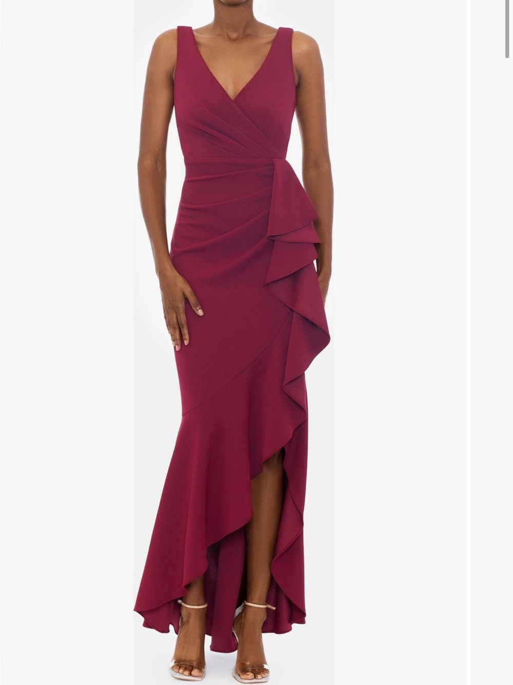 Betsy & Adam Bordeaux Cascade Ruffle High-Low Evening Gown Dress size 10P